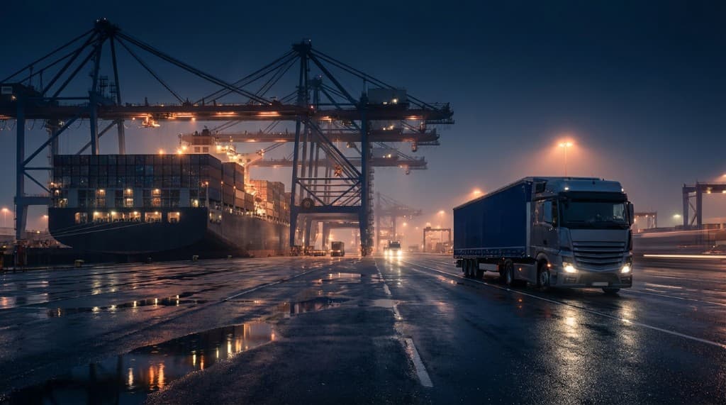 Cargo ship at a container port — international logistics network across 90+ countries