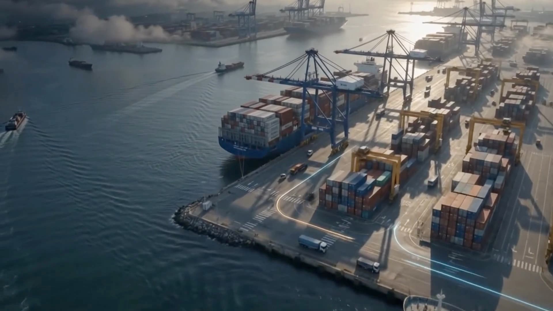 Konteyner limanında yükleme yapılan gemi ve rıhtım vinçleri — Türkiye çıkışlı parsiyel deniz taşımacılığı